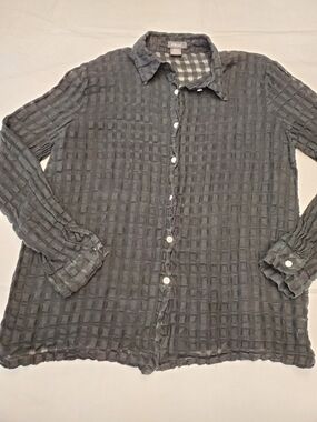 Pure Amici Linen Blend Button Down Shirt L Black Textured Gauze Sheer